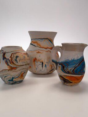 Vintage Nemadji USA Pottery Set 3 Swirl Marbled Vase Pitcher Boho MCM Decor